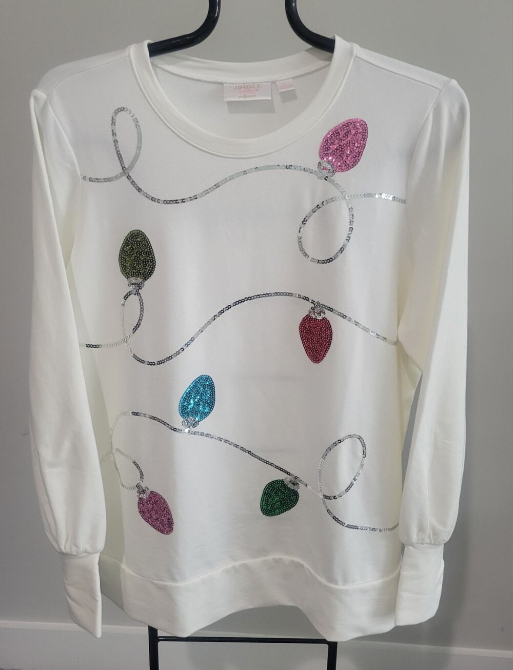 Jingle Belles Kim Gravel Sequin Holiday Lights Knit Top Large Cream A708246 NWOT